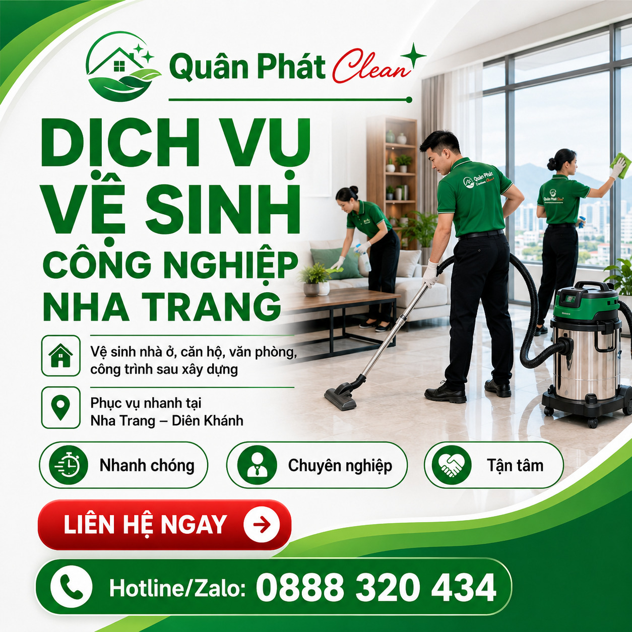 Quân Phát Clean cung cấp dịch vụ vệ sinh công nghiệp tại Nha Trang, phục vụ nhà ở, căn hộ, văn phòng và công trình sau xây dựng.