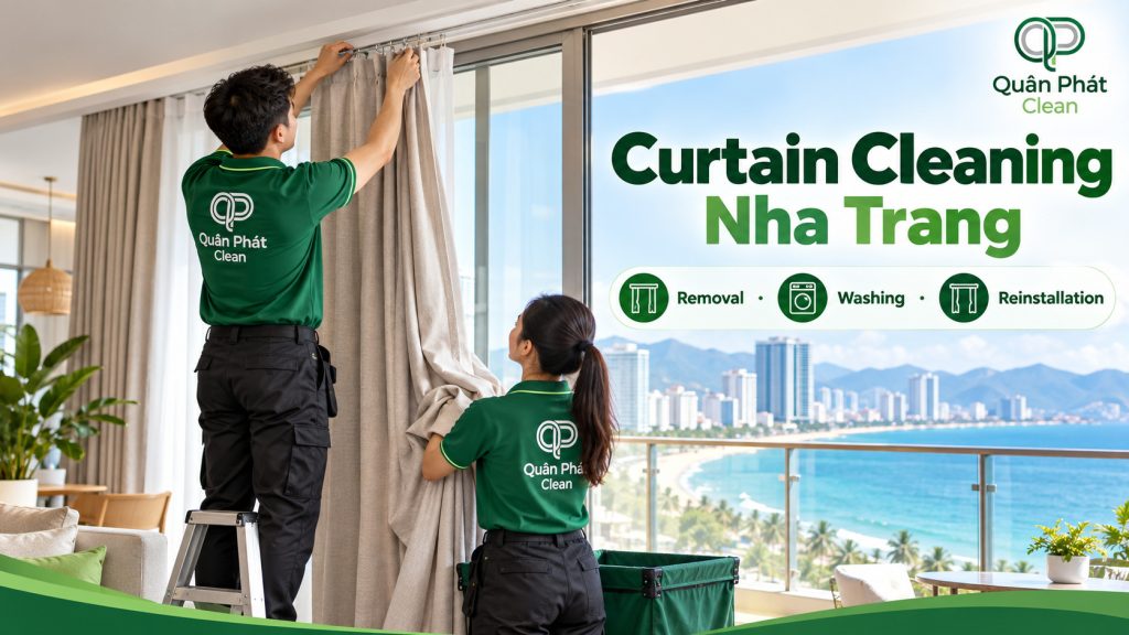 Quân Phát Clean removing curtains from an apartment in Nha Trang