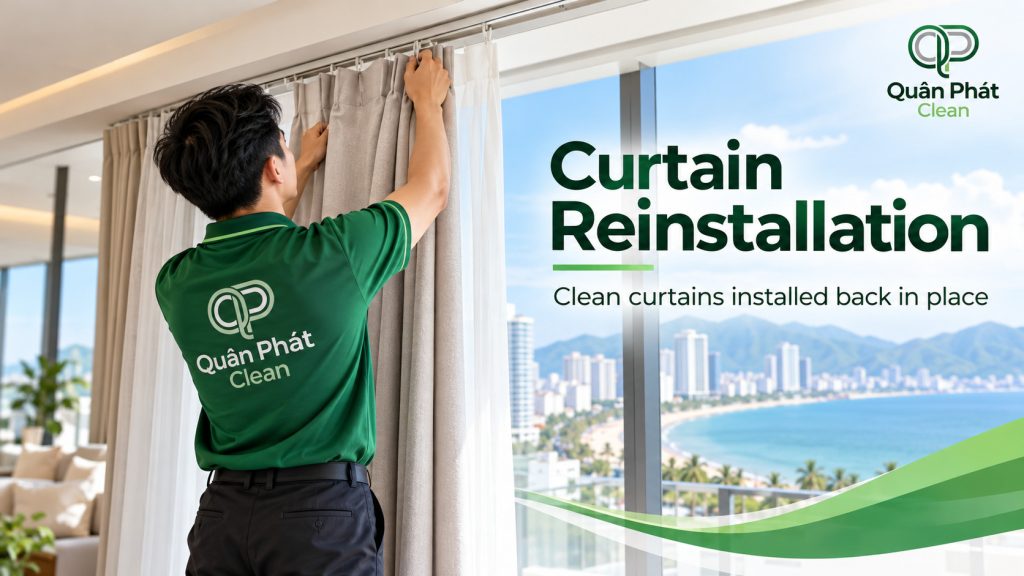 Quân Phát Clean reinstalling cleaned curtains in a Nha Trang apartment