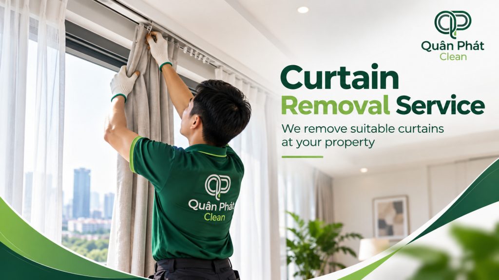 Quân Phát Clean removing curtains from an apartment in Nha Trang