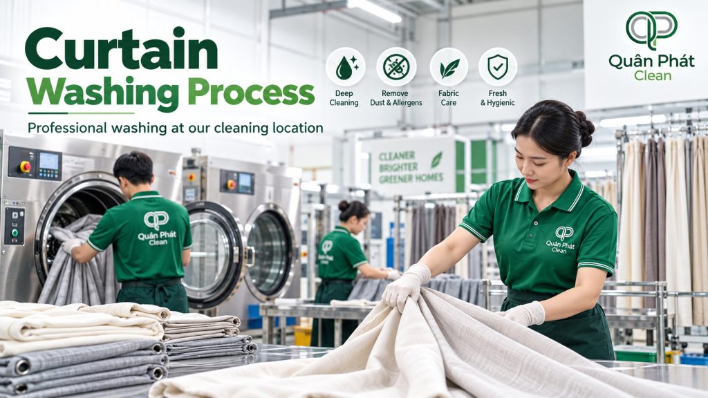 Professional curtain washing process in Nha Trang by Quân Phát Clean